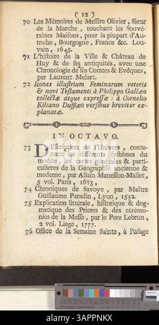 Dieser Katalog enthält Bücher, die von Jacques-Joseph Delcourt beschlagnahmt wurden und die für den 15. Januar 1788 im Bosquier-Auktionshaus in Mons verkauft werden sollen. Stockfoto