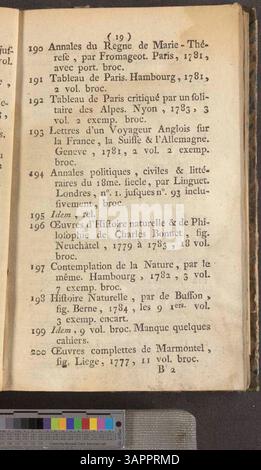 Katalog der von Jacques-Joseph Delcourt beschlagnahmten Bücher, die am 15. Januar 1788 in Bosquiers Haus in Mons versteigert werden sollen. Stockfoto