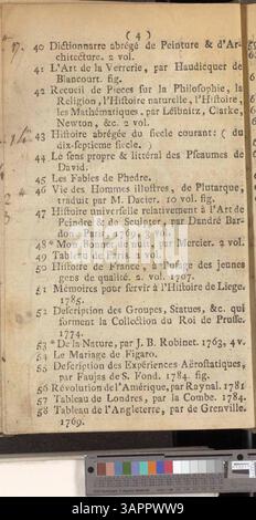 Ein Katalog von Büchern, die von Jacques-Joseph Delcourt beschlagnahmt wurden und am 15. Januar 1788 im Bosquier-Auktionshaus in Mons versteigert werden sollen. Stockfoto