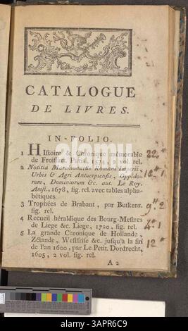 Dieser Katalog enthält Bücher, die von Jacques-Joseph Delcourt beschlagnahmt wurden und am 15. Januar 1788 im Bosquier-Auktionshaus in Mons verkauft werden sollten. Stockfoto