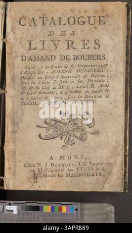 Katalogisierung von Büchern, die von Jacques-Joseph Delcourt beschlagnahmt wurden. Auktion im Bosquier-Haus in Mons, 15. Januar 1788. Stockfoto