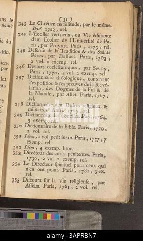 Dieses Dokument ist ein Katalog von Büchern, die Jacques-Joseph Delcourt beschlagnahmt hatte, mit einem Verkauf für den 15. Januar 1788 in der Bosquier-Residenz in Mons. Es enthält verschiedene Bücher, die beschlagnahmt und zum Verkauf vorbereitet wurden. Stockfoto