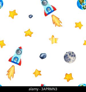 Nahtloses Muster mit goldenen Sternen und Rakete. Handgezeichnete Kinder Aquarell Illustration des Weltraums. Einfaches, nahtloses Sternmuster für Textilien Stockfoto
