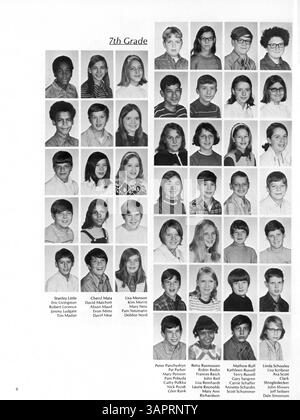 Das Jahrbuch „1971 Collage“ der Marshall University spiegelt die Schüler, Lehrer, Vereine, Leichtathletik und die wichtigsten Ereignisse des Schuljahres 1970-1971 wider und erfasst das Leben auf dem Campus, soziale Aktivitäten und die Leistungen der Schüler während dieser Zeit. Stockfoto