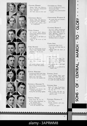 Das Central High Yearbook „Centralian“ 1933 fasst wichtige Momente des akademischen Jahres 1932-1933 zusammen, darunter Porträts von Studenten, Lehrkräften, Sportteams und außerschulischen Clubs. Die Publikation reflektiert auch die Ereignisse der Schule und die afroamerikanische Geschichte in dieser Zeit. Stockfoto