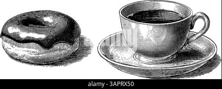 Klassische Kollektion aus Donut und Kaffeetassen mit Gravur im Café-Design. Stock Vektor