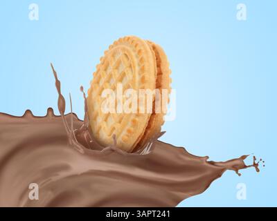 Schokoladenmilchfluss und leckerer Keks in der Luft auf hellblauem Hintergrund Stockfoto