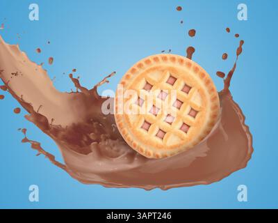 Schokoladenmilchspritzer und leckerer Keks in der Luft auf blauem Hintergrund Stockfoto
