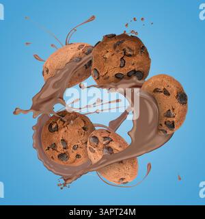 Schokoladenmilchspritzer und leckere Kekse in der Luft auf blauem Hintergrund Stockfoto