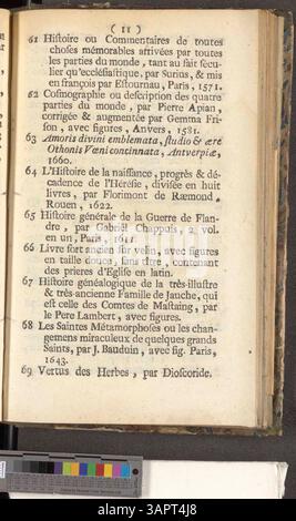 Katalog der von Jacques-Joseph Delcourt beschlagnahmten Bücher, die am 15. Januar 1788 in Bosquier, père & fils in Mons versteigert werden sollen. Stockfoto