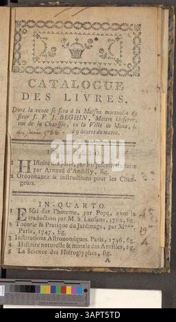 Katalog der von Jacques-Joseph Delcourt beschlagnahmten Bücher, die am 15. Januar 1788 im Bosquier-Auktionshaus in Mons verkauft werden sollen. Stockfoto