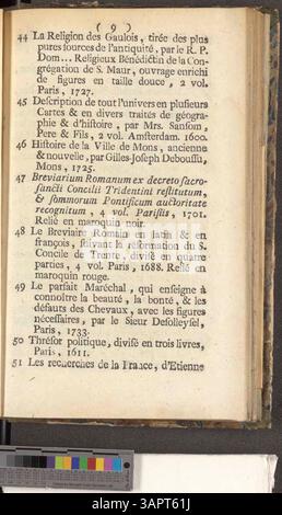 Dieser Katalog enthält Bücher, die von Jacques-Joseph Delcourt beschlagnahmt wurden und am 15. Januar 1788 bei Bosquier, Père & fils in Mons verkauft werden sollten. Stockfoto