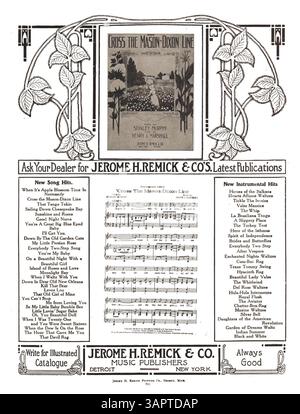 Diese Publikation enthält Anzeigen für „Sunshine and Roses“ und „Cross the Mason-Dixon Line“, mit einer Widmung an M. T. M. Marson auf Seite 3. Das Cover enthält ganzseitige Anzeigen, die den Schwerpunkt auf der Förderung von Musik unterstreichen. Stockfoto