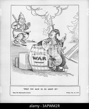 Ein politischer Zeichentrick aus der Minneapolis Morning Tribune zeigt einen türkischen Soldaten mit der Bezeichnung „Jungtürk“, mit einer brennenden Sicherung im Mund, der „die Mächte“ anstarrt, während sie sich nähern, und verweist auf die politische Krise von 1913 nach der Erschießung des türkischen Kommandanten. Stockfoto