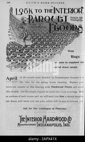Keith's Home-Builder, veröffentlicht im Jahr 1900, zeigt Hausbauentwürfe, einschließlich Grundrisse, Architekturillustrationen und Kostenschätzungen für verschiedene Wohnstile. Die Artikel umfassen die Gestaltung von Innenräumen und Landschaften sowie Werbung für Bauprodukte. Stockfoto