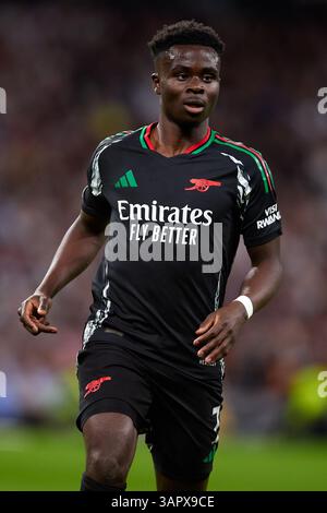 MADRID, SPANIEN - 16. APRIL: Bukayo Saka vom Arsenal FC beim zweiten Leg-Spiel der UEFA Champions League 2024/25 zwischen Real Madrid C.F. und Arsenal FC am 16. April 2025 in Madrid. (Foto: QSP) Guthaben: QSP/Alamy Live News Stockfoto