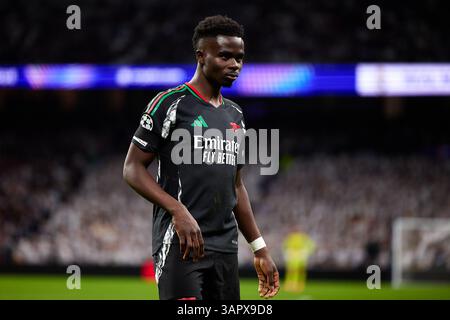 MADRID, SPANIEN - 16. APRIL: Bukayo Saka vom Arsenal FC beim zweiten Leg-Spiel der UEFA Champions League 2024/25 zwischen Real Madrid C.F. und Arsenal FC am 16. April 2025 in Madrid. (Foto: QSP) Guthaben: QSP/Alamy Live News Stockfoto