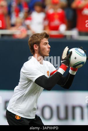 23. Juli 2011: Manchester United Torhüter David de Gea, der hier während der Aufwärmphase vor dem Spiel der World Football Challenge gegen das Chicago Fire im Soldier Field in Chicago, Illinois, zu sehen war. (Bild: © Damen Jackson/Cal Sport Media/ZUMAPRESS.com) Stockfoto