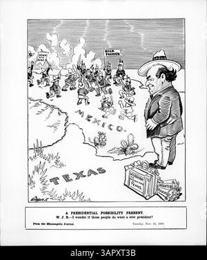 Dieser politische Zeichentrick aus der Minneapolis Morning Tribune zeigt William Jennings Bryan vor einer Karte, der die Möglichkeit eines Aufstands in Mexiko in Verbindung mit der von Madero geführten revolutionären Gruppe in Betracht zieht. Der Zeichentrick spiegelt die politischen Bedenken der damaligen Zeit wider. Stockfoto