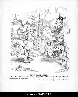 Dieser politische Zeichentrick zeigt Uncle Sam, wie er die republikanische Plattform im Garten von Präsident Roosevelt liest, während Roosevelt im Garten arbeitet und damit die Zollfrage der damaligen Zeit symbolisiert. Stockfoto