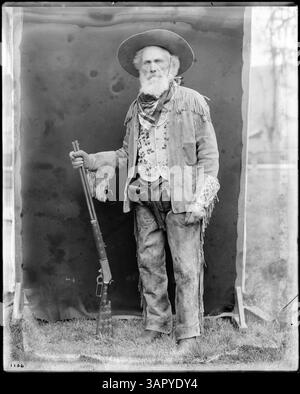 Dieses Foto ist ein Porträt von Ezra Meeker, einer bemerkenswerten Figur in der Besiedlung und Entwicklung des amerikanischen Westens. Stockfoto