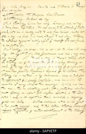 Thomas Butler Gunns Tagebücher, Band 9, decken den Zeitraum vom 1. Oktober 1857 bis zum 5. November 1858 ab. Zu diesen Aufzeichnungen gehören Reflexionen über sein Leben in einem Boardinghouse, Begegnungen mit Künstlern, Schriftstellern und Persönlichkeiten des öffentlichen Lebens, ein Besuch der Niagarafälle und seine Gedanken über Spiritualismus. Gunn beschreibt auch ein gesellschaftliches Ereignis in Hoboken und die Kontroverse um Fitz James O’Briens Geschichte „die Diamantlinse“. Stockfoto