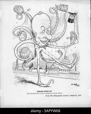 Ein satirischer Cartoon aus der Minneapolis Morning Tribune zeigt den Standard Oil Octopus mit Öl, Whiskey und Roggen in seinen verschiedenen Armen, was die Expansion des Unternehmens in verschiedene Branchen symbolisiert, während er wegen Verletzung von Kartellgesetzen unter legaler Kontrolle steht. Stockfoto