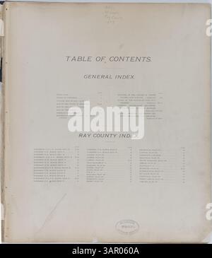 Dieses Inhaltsverzeichnis des Standardatlas von Ray County, Missouri, bietet einen Überblick über die Abschnitte innerhalb des atlas, mit detaillierten Karten und Aufzeichnungen, die für die Geschichte und Entwicklung des Countys relevant sind. Stockfoto