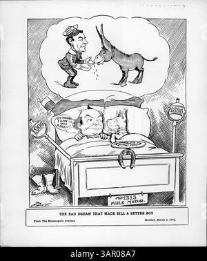 Dieser politische Cartoon zeigt William J. Bryan, der einen Albtraum über den Gouverneur von Minnesota John A. Johnson hat, der den Esel der Demokratischen Partei füttert, eine satirische Darstellung politischer Ereignisse im frühen 20. Jahrhundert. Stockfoto