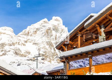 Monte Cervino (Matterhorn) aus dem Plan Maison im Dezember, Breuil-Cervinia, Valle d'Aosta, Italien Stockfoto