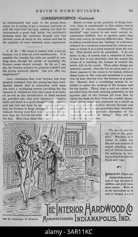 Keith's Home-Builder-Magazin, das 1900 vom Architekten Walter J. Keith geschaffen wurde, umfasst Hausentwürfe, Grundrisse, Baukosten, Inneneinrichtung, und Landschaftsdesign sowie Werbung für Wohnmöbel und Baumaterialien. Stockfoto