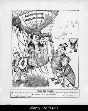Dieser Zeichentrick zeigt Sullivan, Taggart und Murphy, die Bryan im Heißluftballon der Demokratischen Nominierung nach seiner dritten Nominierung für das demokratische Präsidentenamt freischneiden. Die Bildunterschrift macht die demokratischen Manager humorvoll für alle Konsequenzen verantwortlich, während sie sie an die Freilassung erinnern, die sie unterzeichnet haben. Stockfoto