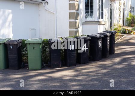 Eine Linie von Mülltonnen für Recycling- und Haushaltsabfälle in Basingstoke, grün für recycelbare Abfälle und schwarz für nicht recycelbare Abfälle. England Stockfoto
