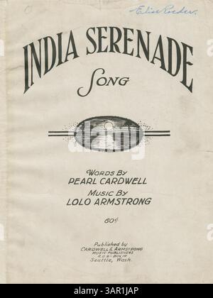 „India Serenade“ ist ein Musikstück, das aus einem Originaldokument der Music Services Department der University of Oregon Libraries digitalisiert wurde. Diese Komposition, die in den Vereinigten Staaten öffentlich zugänglich ist, fängt das Wesen indischer Melodien ein. Stockfoto