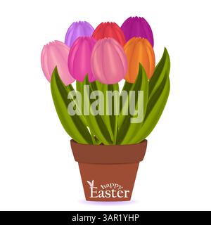 Ein lebendiger 3D-Tulpenstrauß in einem Blumentopf mit - Happy Easter - Text. Schöne frische Frühlingsblumen. Vektorzeichnung. Festliche Frühlingsdekoration mit Blumenmuster Stock Vektor