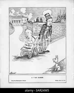 Ein politischer Zeichentrickfilm der Minneapolis Morning Tribune am 6. Oktober, der einen Mann mit der Bezeichnung Demokratisches Haus zeigt, der eine Fütterungssonde aus einem Kinderwagen schneidet, mit der Bezeichnung Tariff Board. Die Röhre verbindet sich mit einem Beutel mit der Aufschrift Financial Sustenance, was das komplexe politische Manövrieren in Bezug auf Zölle symbolisiert. Das Image kritisiert den Einfluss der demokratischen Führung auf die Tarifgesetzgebung und ihre Auswirkungen auf das Erbe von Präsident Taft. Stockfoto