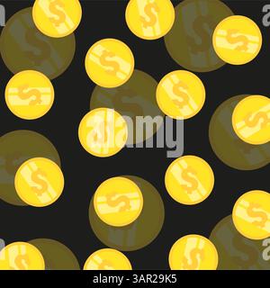Goldmünzen-Muster. Dunkler Hintergrund. Währungssymbol wiederholen. Vektor-Geld-Design. Stock Vektor