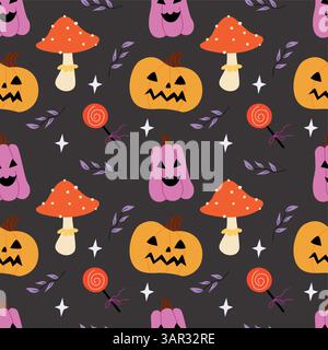 Lebendiges Halloween-Muster mit verspielten Kürbissen, Pilzen, Lutscher und Herbstblättern auf dunklem Hintergrund, perfekt für gruselige Designs Stock Vektor