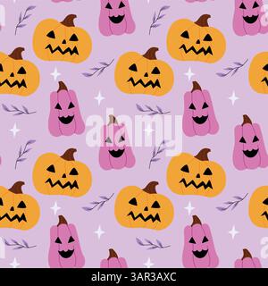 Lustiges Halloween-Muster mit bunten Kürbissen mit lächelnden Gesichtern und Herbstblättern auf weichem lila Hintergrund, perfekt für festliche Designs Stock Vektor