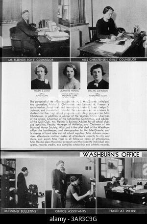 Das Washburn High School Yearbook aus dem Jahr 1935 mit dem Titel „Wahian“ enthält eine detaillierte Aufzeichnung der Schüler, Lehrer, Vereine, Leichtathletik und Schulveranstaltungen des Schuljahres 1934-1935 und spiegelt das Schulleben Mitte der 1930er Jahre wider Stockfoto