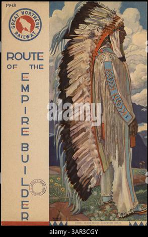 Dieses Menü des Empire Builder aus der Hennepin County Library bietet ein zweifach gefaltetes Design mit einer farbenfrohen Illustration indigener Männer in zeremonieller Kleidung. Hier finden Sie Mittagessen und à la carte Optionen, darunter Vorspeisen, Hauptgerichte, Salate, Sandwiches, Desserts und Getränke. Stockfoto