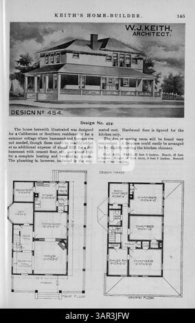 Keith's Home-Builder Magazin, das 1900 monatlich veröffentlicht wurde, bietet detaillierte Wohnentwürfe mit Grundrissen, Baukosten und architektonischen Elementen. Es enthält auch Artikel über Inneneinrichtung, Landschaftsgestaltung und Werbung für Wohnmöbel und Baumaterialien. Stockfoto