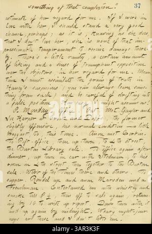 Dieser Auszug aus den Thomas Butler Gunn Diaries vom 7. Bis 8. Oktober 1860 beschreibt ein Gespräch mit Jesse Haney über Sally Edwards. Gunn reflektiert ihre Gefühle ihm gegenüber und seine vorsichtige Herangehensweise an Beziehungen. Die Tagebücher geben Einblicke in die persönliche und soziale Dynamik der Zeit. Missouri Historical Society. Missouri Historical Society. Stockfoto