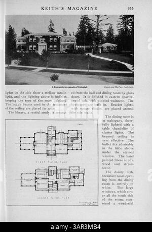Keith’s Magazine on Home Building, 1918, herausgegeben vom Architekten Max L. Keith, enthält zwölf Ausgaben mit Hausentwürfen, Fotografien, Grundrissen und Baukosten. Das Magazin behandelt auch Themen wie Innenarchitektur, Landschaftsarchitektur und Baumaterialien, mit Werbung für Wohnmöbel, Accessoires und Zubehör. Stockfoto