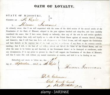 Hiram Inman aus St. Louis, Missouri, schwor den Vereinigten Staaten und dem Bundesstaat Missouri einen Treueschöd und versprach während des Bürgerkriegs Loyalität. Dieses Dokument ist im Archiv der Missouri Historical Society aufbewahrt. Stockfoto