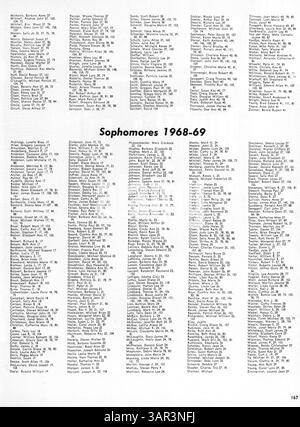 Das Jahrbuch der Wayzata High School 1969, „Wayako 69“, fasst die wichtigsten Momente und Persönlichkeiten des Schuljahres 1968-1969 zusammen. Es beleuchtet Schüler, Lehrer, Vereine, Sportveranstaltungen und wichtige Schulaktivitäten und bietet einen Einblick in das Schulleben in dieser Zeit. Stockfoto