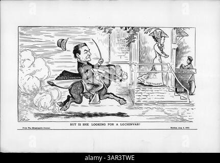Dieser politische Zeichentrick zeigt den Gouverneur von Minnesota John A. Johnson, der Miss Northwest jagt, die als Suche nach dem Republikanismus dargestellt wird, während Johnson auf einem Esel reitet, was seine Verfolgung der Demokratischen Nominierung im Jahr 1912 symbolisiert. Stockfoto