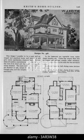 Keith's Home-Builder, eine monatliche Publikation aus dem Jahr 1900, enthält Hausentwürfe, Grundrisse und Baukosten. Das Magazin behandelt Themen wie Inneneinrichtung, Landschaftsgestaltung und Wohnmöbel sowie Werbung für Baumaterialien und Möbel. Stockfoto