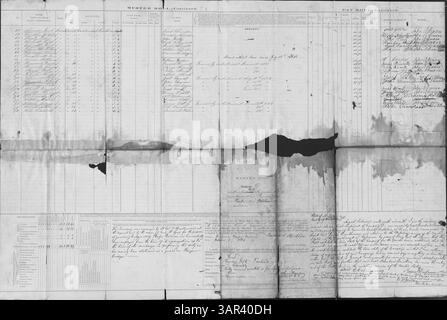 In dieser Sammelliste sind die Namen, Ränge und Eintragungsinformationen für Soldaten der Kompanie D des Gasconade County Home Guard Battalion vom 1. Oktober 1864 aufgeführt. Es ist Teil der Sammlung der Missouri Historical Society. Stockfoto