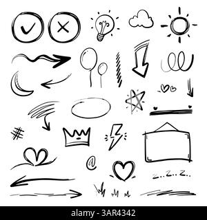 Handgezeichneter abstrakter, dünner Linien-Doodle-Satz, in Vektor-Illustration Stock Vektor